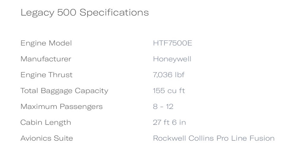 Embraer Legacy 500 specifications